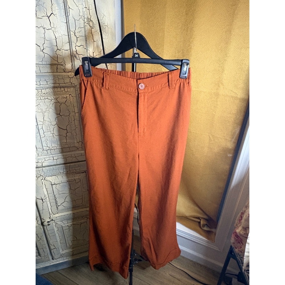 Lulus Rust Orange Linen Blend Wide Leg Pants Large Boho Trouser Cuffed Hem - Picture 2 of 6